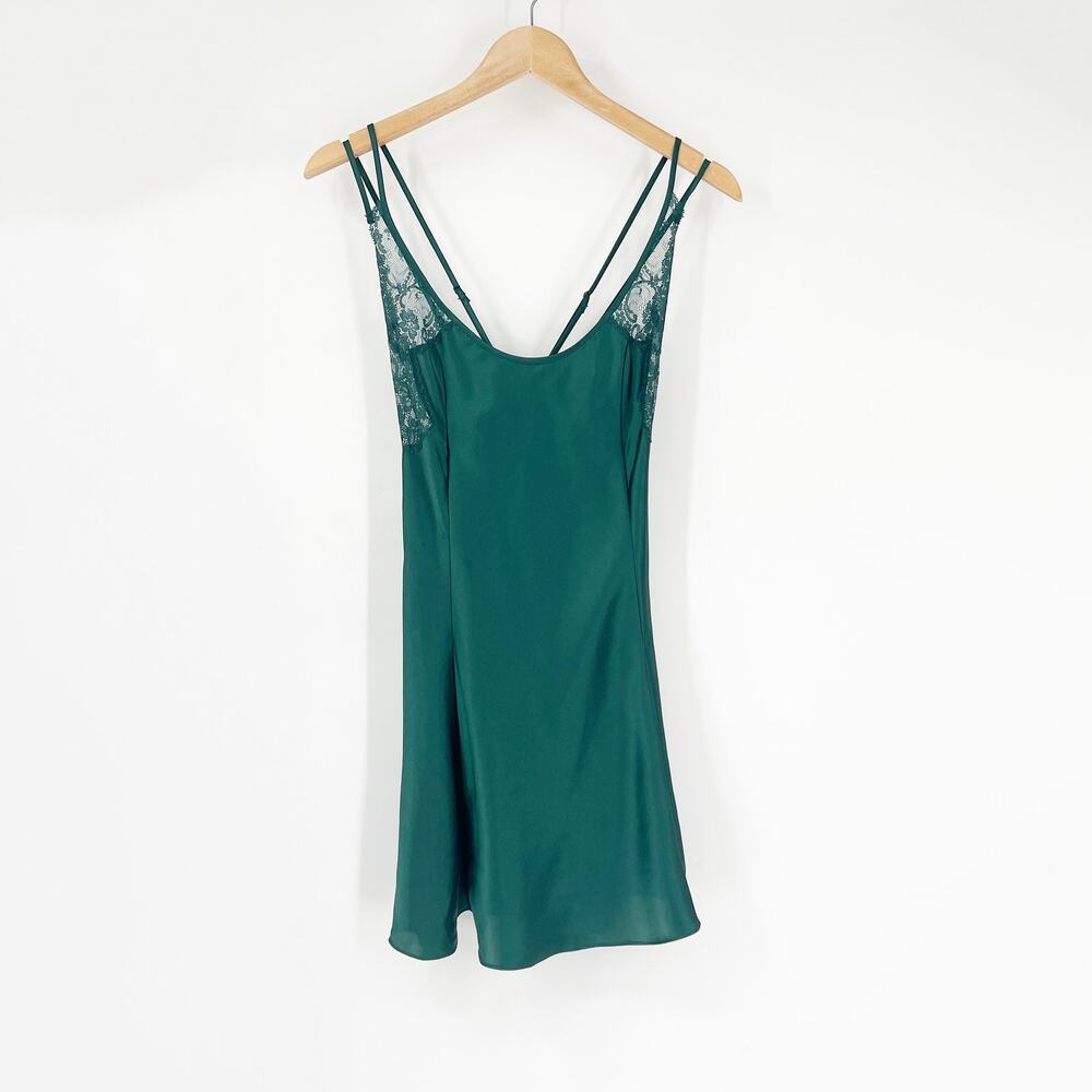 Vintage 90s Victoria's Secret Deep Green Lace Satin Lingerie Slip Dress Medium - Picture 1 of 6
